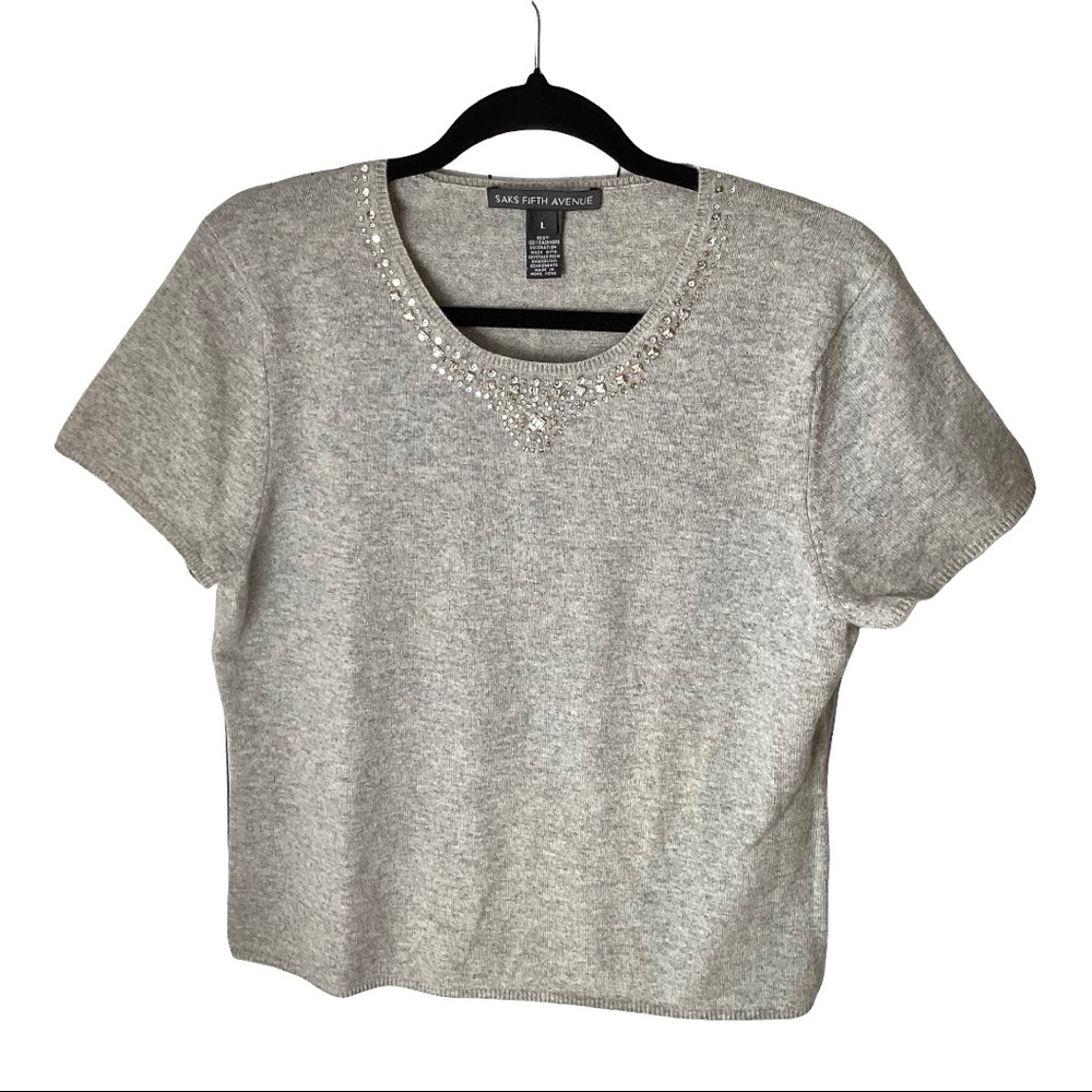 Saks Fifth Avenue Gray Cashmere Silver Sequin Shortsleeve Cropped Sweater Medium